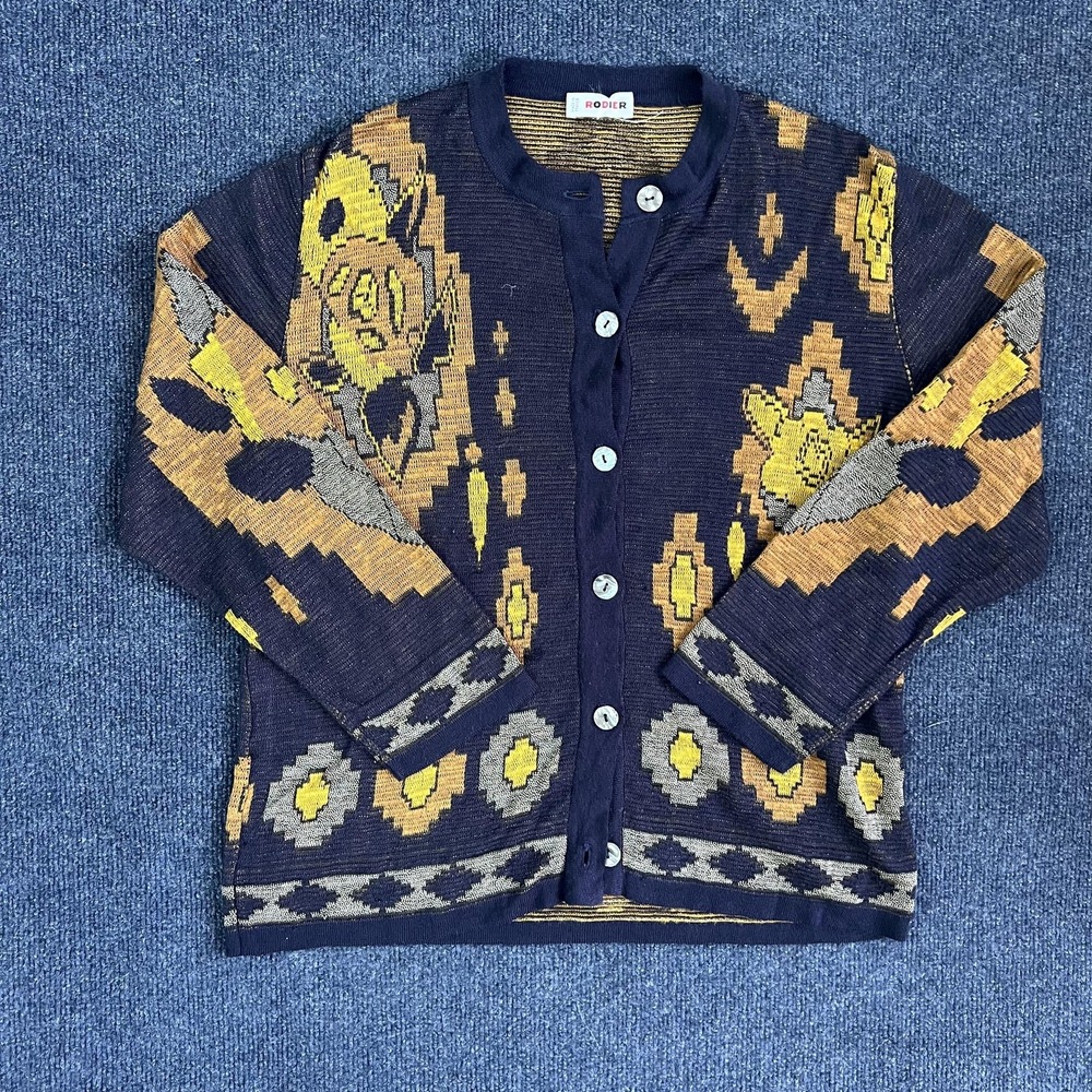 Rodier‎ Cardigan Sweater Womens Medium Blue Geometric Tribal Button Front France